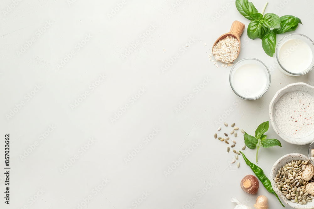 Vegan plant based milk and ingredients, top view. Vegan plant based milk and ingredients, top view.