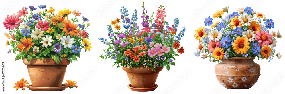 Set of Summer Season Flowers in a Pot Set Isolated on Transparent or White Background, PNG Set of Summer Season Flowers in a Pot Set Isolated on Transparent or White Background, PNG
