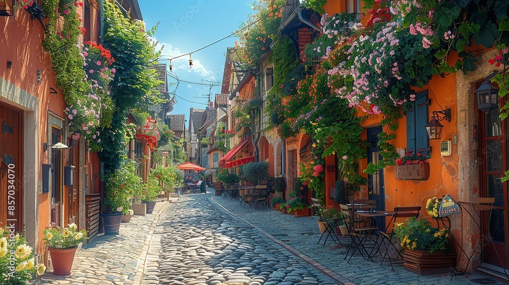Fototapeta premium The quaint charm of a cobblestone alleyway lined with historic buildings, flowering vines climbing up the walls, and cozy cafes with outdoor seating spilling onto the sidewalks. Illustration,