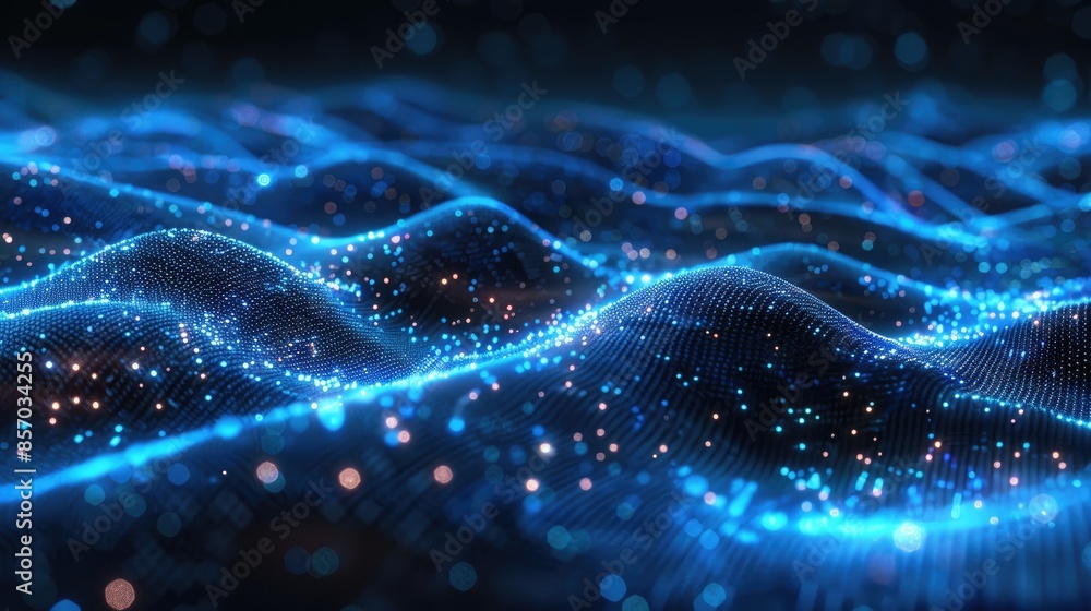 Abstract blue and black waves with glowing particles. Digital art, futuristic, technology. Abstract blue and black waves with glowing particles. Digital art, futuristic, technology.