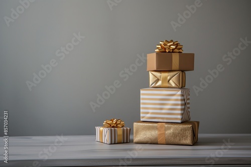 Elegant pile stack of five golden gift or present box packages. Composition for birthday or Christmas, grey minimalistic background with copyspace