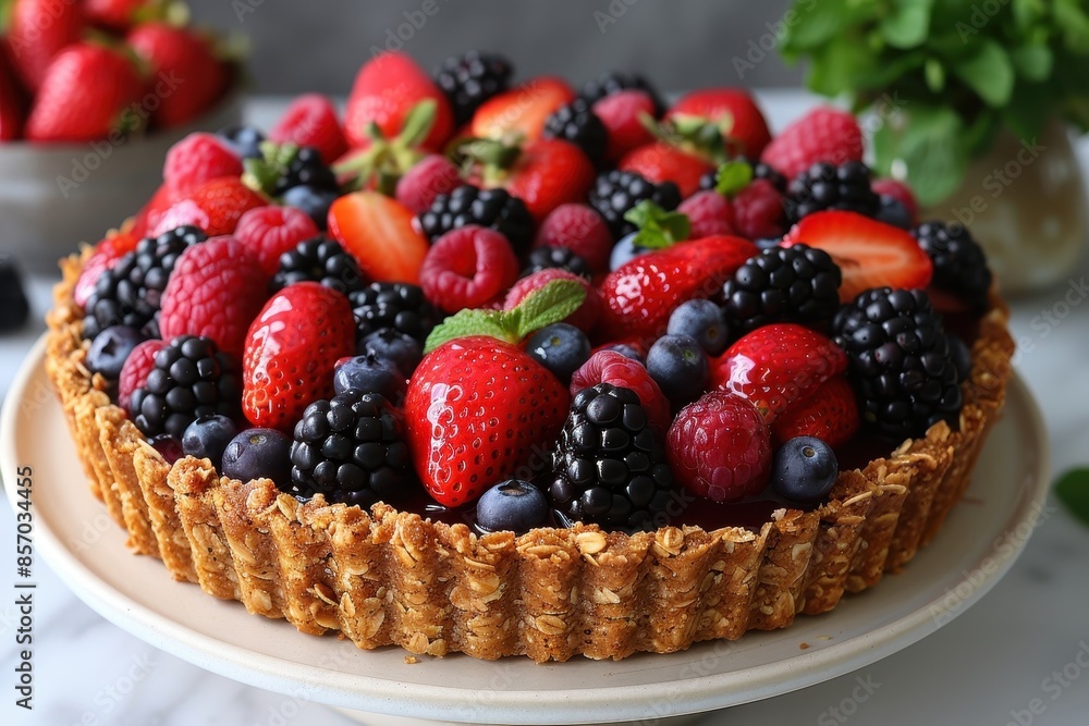 A fresh fruit tart with a crust made from oats and nuts, topped with a variety of berries and a light glaze. A fresh fruit tart with a crust made from oats and nuts, topped with a variety of berries and a light glaze.