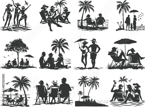 Happy young people, enjoying summer vacation silhouette. Summer, vacation, silhouette.