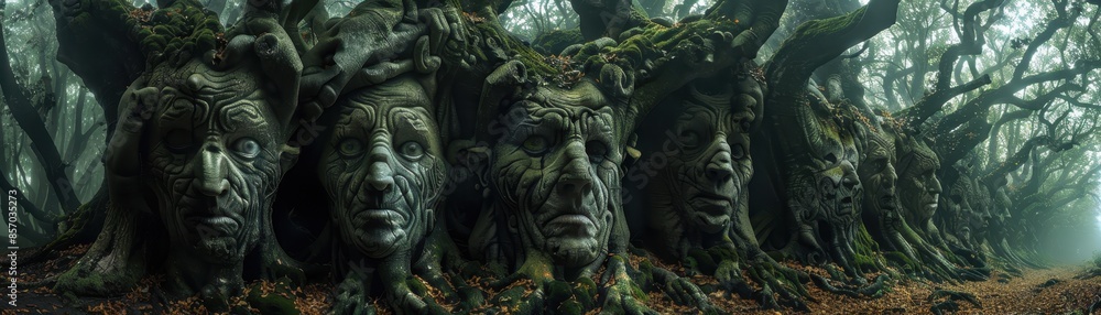 Surreal forest with trees that have faces Surreal forest with trees that have faces