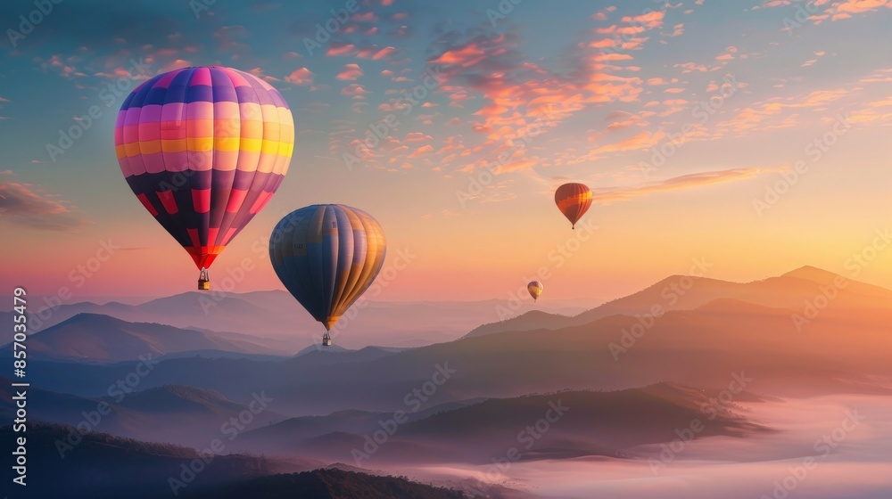 Fototapeta premium picture of hot air balloons floating over the mountains at sunrise, copy and text space, 16:9
