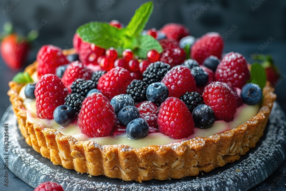 A fresh fruit tart with a crust made from oats and nuts, topped with a variety of berries and a light glaze. A fresh fruit tart with a crust made from oats and nuts, topped with a variety of berries and a light glaze.