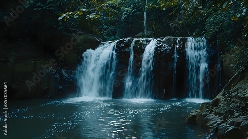 Twin Waterfalls Merging into a Serene Jungle Stream at Dusk