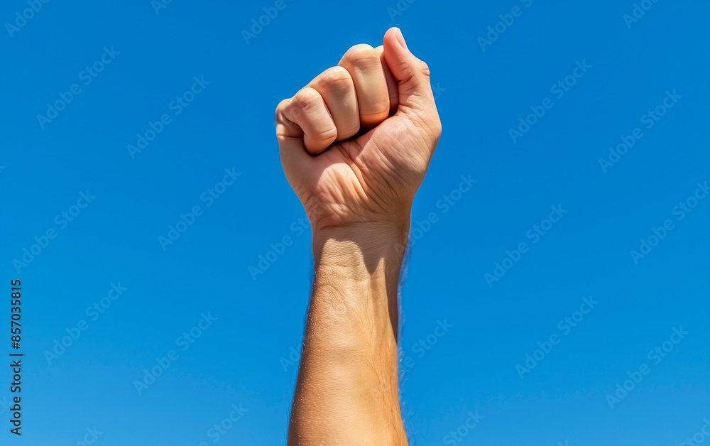 Strong fist against a clear blue sky. Strong fist against a clear blue sky.