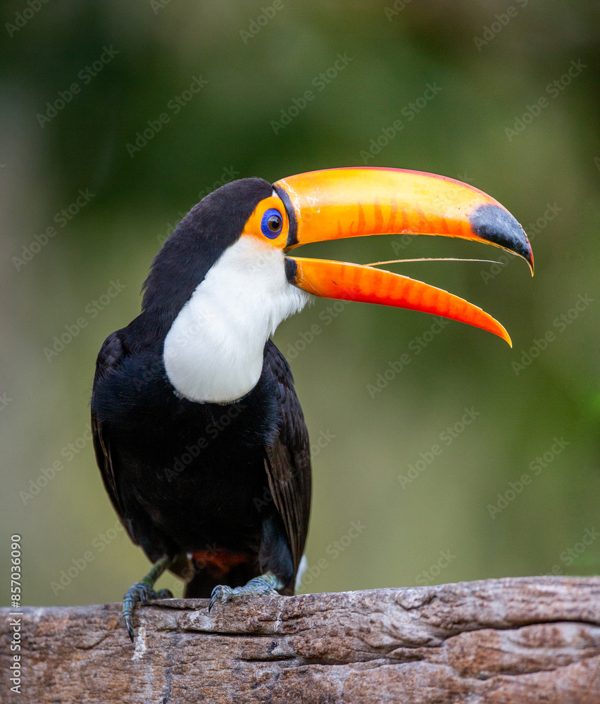 Fototapeta premium Portrait of Toco toucan (Ramphastos toco) with a big colored beak. Close-up. Brazil. Pantanal. 