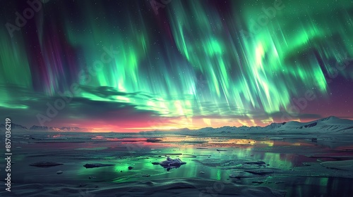 The awe-inspiring beauty of the Northern Lights dancing across the night sky, with vibrant hues of green and purple painting a mesmerizing natural canvas. Illustration, Minimalism, © DARIKA