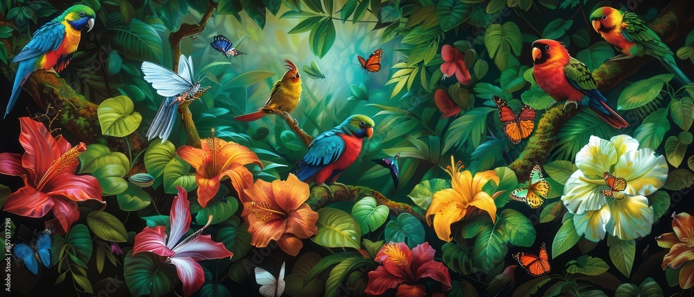 vibrant wildlife scene in the heart of the jungle, showcasing colorful birds, butterflies, and exotic animals amidst dense greenery vibrant wildlife scene in the heart of the jungle, showcasing colorful birds, butterflies, and exotic animals amidst dense greenery