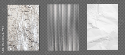 Silver foil, white crumpled paper, transparent plastic film textures. 3d realistic vector set