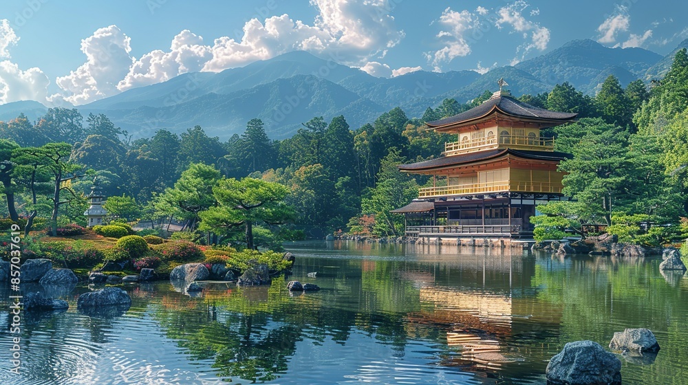 A tranquil Buddhist temple nestled in the mountains of Kyoto, with ornate pagodas and serene gardens, offering a peaceful retreat from the hustle and bustle of city life. Illustration, Minimalism, A tranquil Buddhist temple nestled in the mountains of Kyoto, with ornate pagodas and serene gardens, offering a peaceful retreat from the hustle and bustle of city life. Illustration, Minimalism,