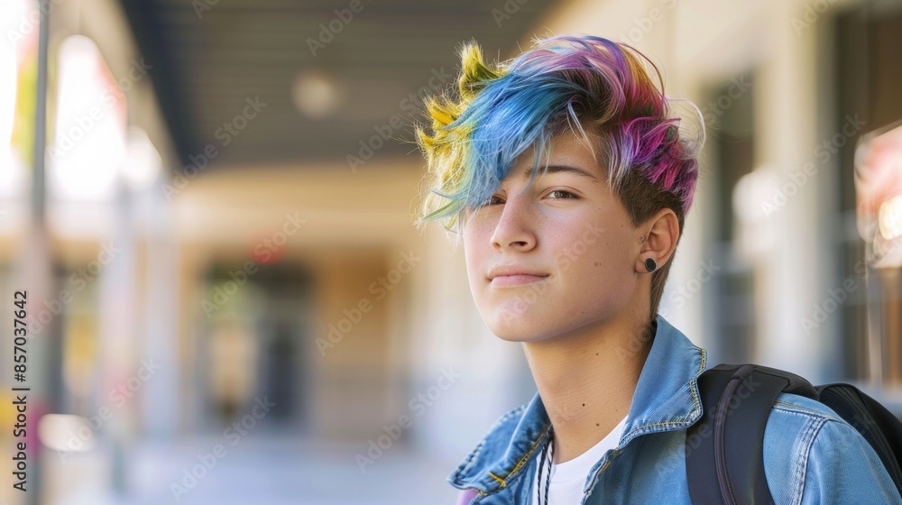 Handsome high school boy with rainbow-colored hair Handsome high school boy with rainbow-colored hair