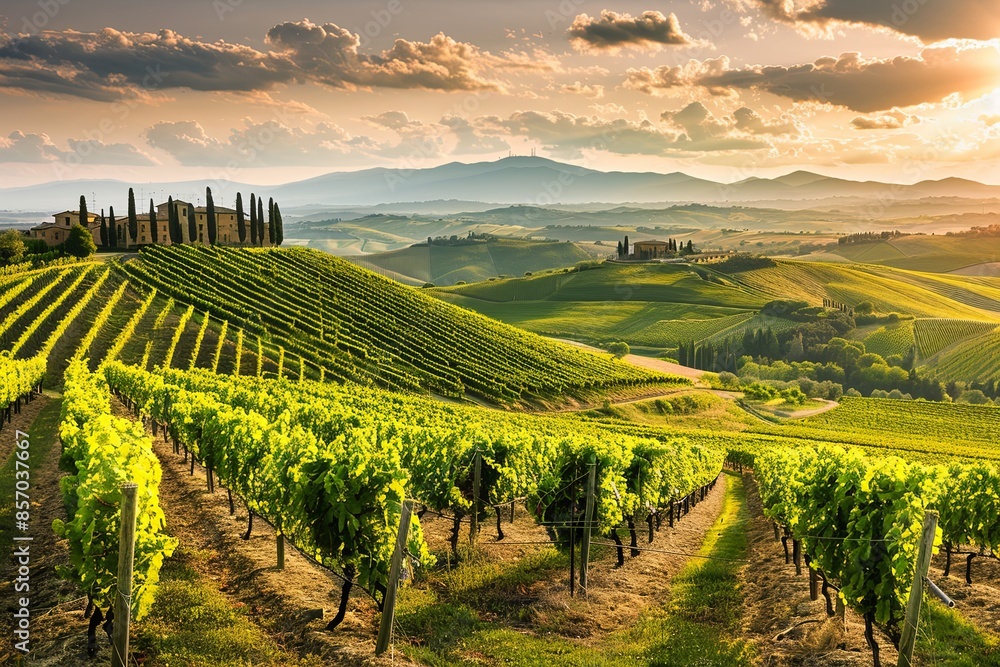 Fototapeta premium A scenic view of a Tuscan vineyard with rolling hills, a farmhouse in the distance, and a beautiful sunset. Generative AI