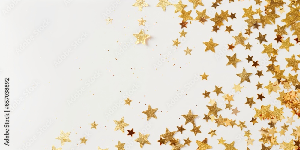 Golden glitter stars scattered on a white background with copyspace, flat lay top view design for festive and celebratory wallpaper, invitation, poster, card Golden glitter stars scattered on a white background with copyspace, flat lay top view design for festive and celebratory wallpaper, invitation, poster, card