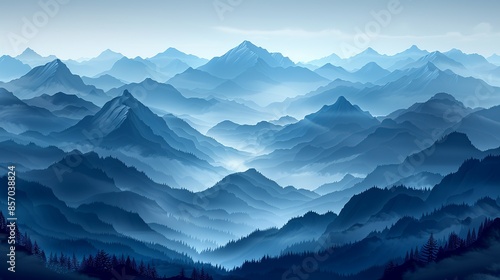 Majestic mountains shrouded in mist, their peaks reaching towards the sky, offering a sense of awe and wonder, perfect for conveying a sense of grandeur and adventure. Illustration, Minimalism,