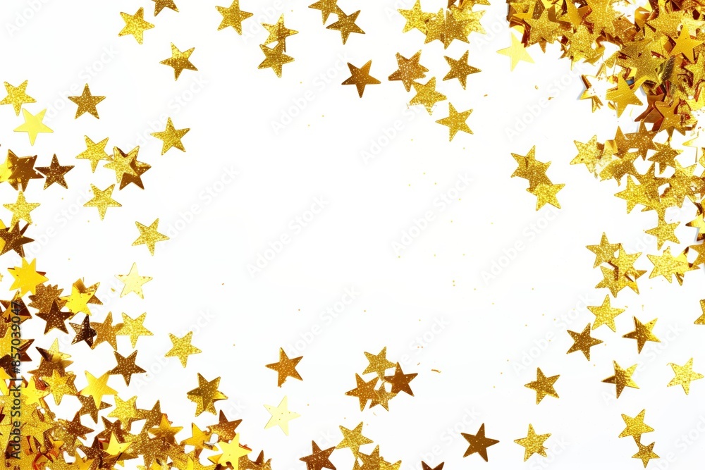 Golden glitter stars scattered on a white background with copyspace, flat lay top view design for festive and celebratory wallpaper, invitation, poster, card Golden glitter stars scattered on a white background with copyspace, flat lay top view design for festive and celebratory wallpaper, invitation, poster, card