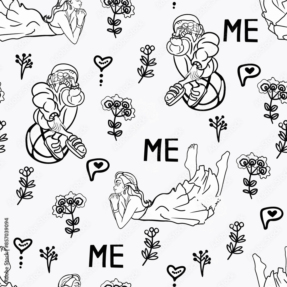 Seamless pattern featuring women from diverse backgrounds. Women with floral designs. Girl power, equality struggle, feminism theme. Perfect for textiles, packaging, wrapping paper, social media posts Seamless pattern featuring women from diverse backgrounds. Women with floral designs. Girl power, equality struggle, feminism theme. Perfect for textiles, packaging, wrapping paper, social media posts