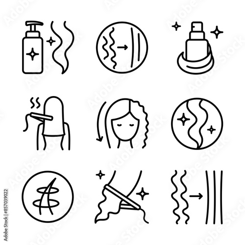 Hair straightener icons set for hair care treatment and beauty or woman salon, outline vector. Hair straightener appliance for female haircut straightening and haircare cosmetic treatment symbols