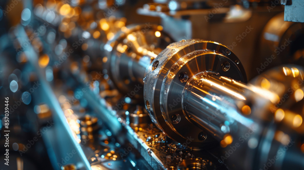 Close-up of shiny industrial machinery in a workshop, highlighting metallic components and precision engineering. Close-up of shiny industrial machinery in a workshop, highlighting metallic components and precision engineering.