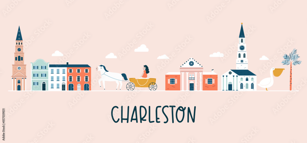 Naklejka premium Charleston hand drawn poster, decoration with famous symbols and landmarks of city