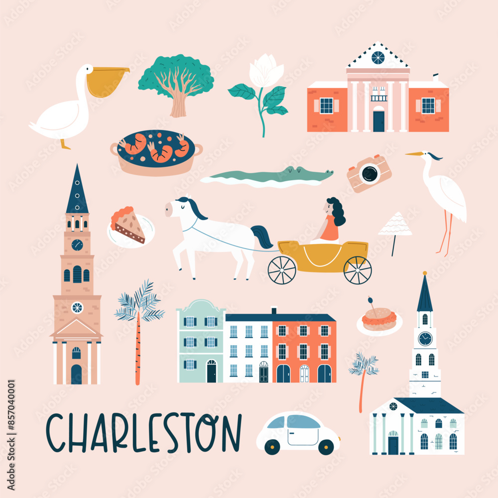 Obraz premium Charleston hand drawn poster, decoration with famous symbols and landmarks of city
