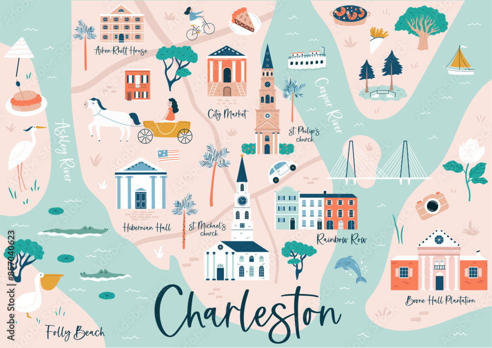 Obraz premium Hand drawn vector map of Charleston, South Carolina, USA with famous landmarks and symbols.