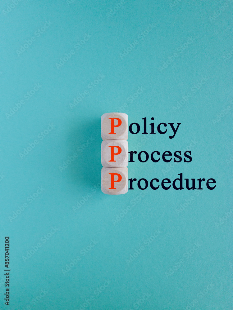 Policy, process, procedure symbol. Orange words 'Policy, process, procedure' written on wooden cubes on beautiful blue background. Business and policy, process, procedure concept