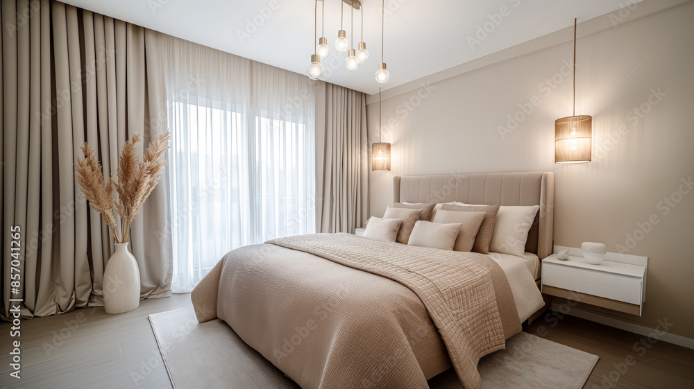 Fototapeta premium Interior of a bedroom in light tones with a bed decorated with pillows, long curtains, and several lamps. A vase with dry flowers is placed on the window. 