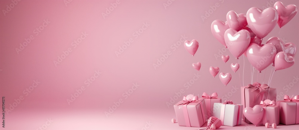 Pink heart-shaped balloons with gifts and confetti on a pink background with copyspace, composition for romantic celebrations, Valentine's Day, anniversary Pink heart-shaped balloons with gifts and confetti on a pink background with copyspace, composition for romantic celebrations, Valentine's Day, anniversary