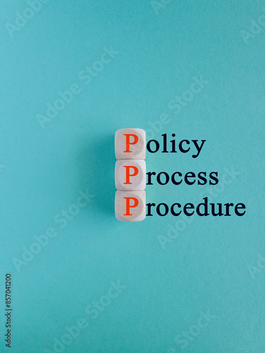 Obraz na płótnie Policy, process, procedure symbol. Orange words 'Policy, process, procedure' written on wooden cubes on beautiful blue background. Business and policy, process, procedure concept w salonie