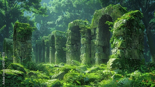 Ancient ruins nestled amidst dense jungle foliage, their weathered stones bearing witness to centuries of history and mystery, a scene ripe for exploration and adventure. Illustration, Minimalism, photo