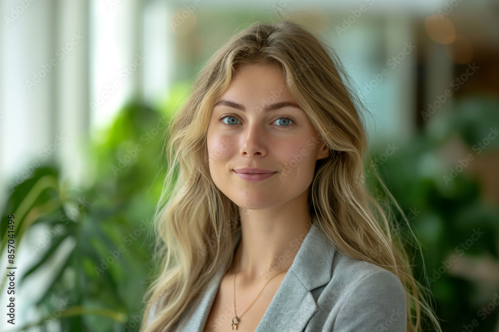 Scandinavian business woman in modern office. corporate profile with young woman with blonde hair, wearing a gray blazer, and green plants in background. a professional or business setting, copy space Scandinavian business woman in modern office. corporate profile with young woman with blonde hair, wearing a gray blazer, and green plants in background. a professional or business setting, copy space