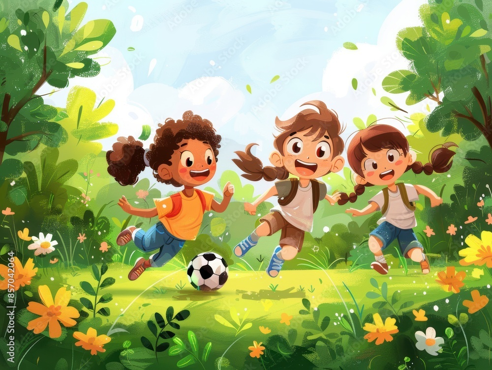 Fototapeta premium Vector art of a group of kids playing soccer in a park, colorful and lively.