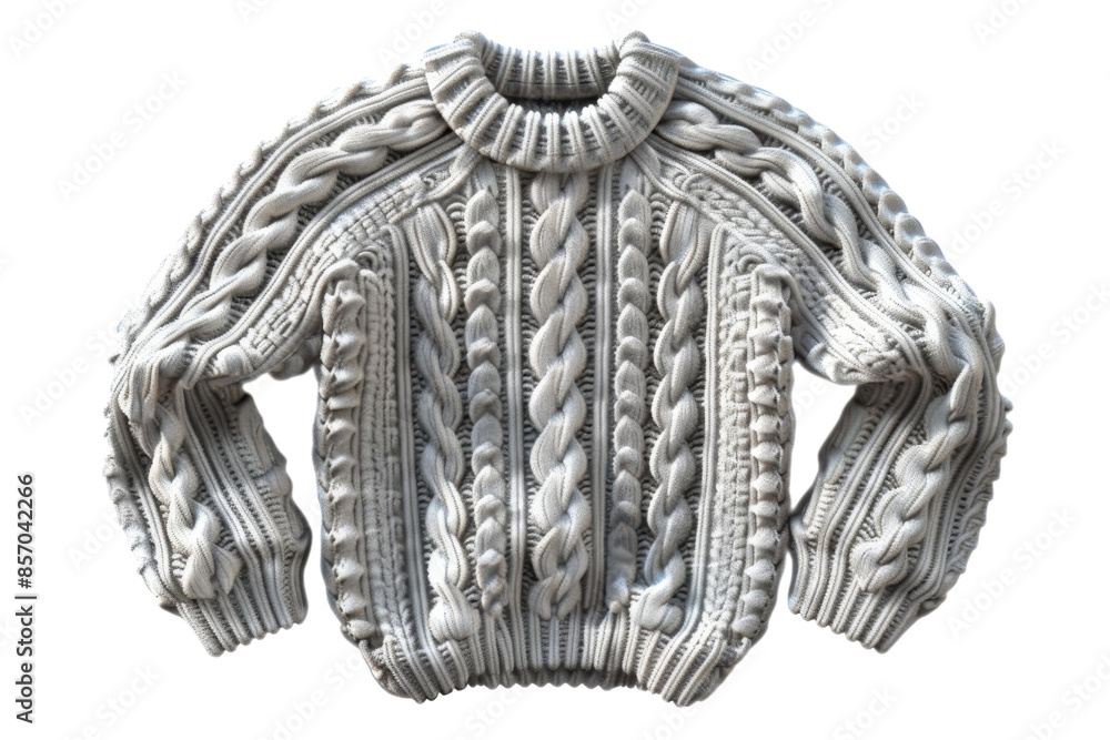 Obraz premium Cozy chunky knit sweater in a neutral hue with intricate cable patterns, perfect for a warm and stylish layering piece in chilly weather.