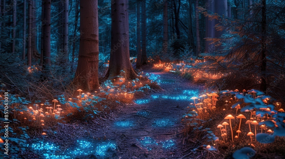 Naklejka premium A bioluminescent flower blooming in a dark cave, ethereal glow illuminating the surrounding rocks and showcasing a fantastical botanical wonder