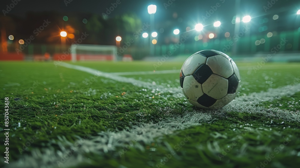 Fototapeta premium Soccer ball in stadium. Soccer ball placed on stadium, arena playing field.