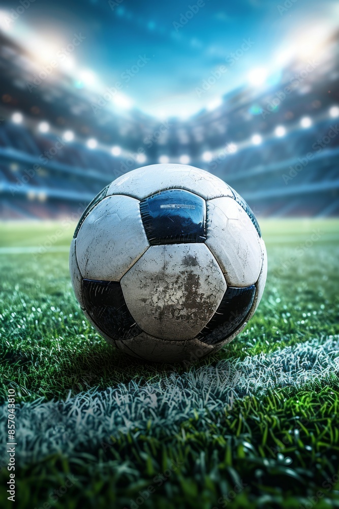Fototapeta premium Soccer ball in stadium. Soccer ball placed on stadium, arena playing field.
