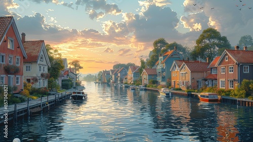 Charming riverside towns nestled along the banks of meandering waterways, their quaint streets lined with colorful buildings, a scene of timeless beauty and tranquility. Illustration, Minimalism, photo