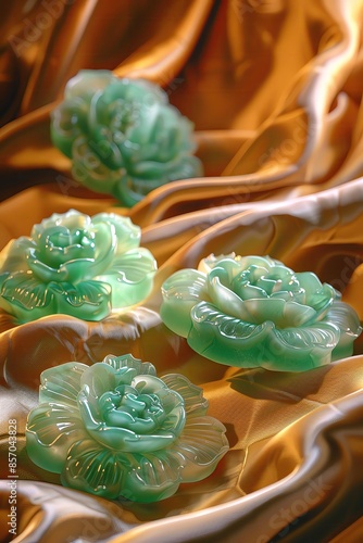 Carved jade ornaments on a silk cloth, selective focus, precious artifacts, vibrant, blend mode backdrop elegant display case