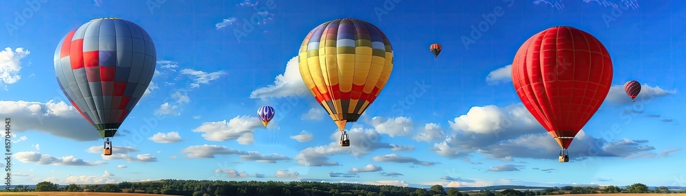 Fototapeta premium Colorful hot air balloons in the sky, copy space, August adventures, vibrant, manipulation backdrop rural landscape