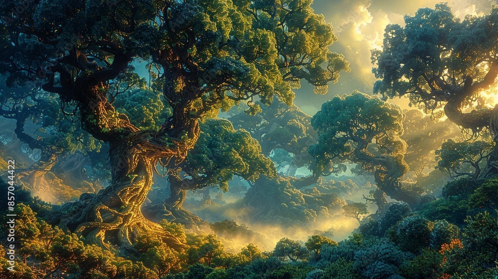 Fototapeta premium Mystical groves blanketed in ethereal mist, where ancient trees stand sentinel, their gnarled roots delving deep into the earth, a realm where fantasy and reality intertwine. Illustration, Minimalism,