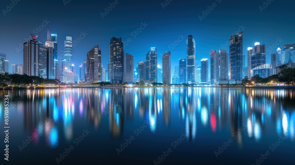 Nighttime cityscape skyline at night, illuminated and reflecting on calm waters Nighttime cityscape skyline at night, illuminated and reflecting on calm waters