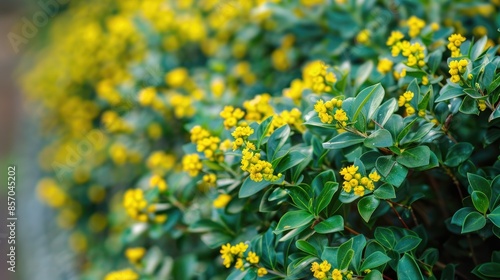 Ornamental and Protective Hedge Wintergreen Barberry Shrub with Yellow Spring Flowers