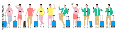 Young man tourist with camera and smartphone. Male in casual clothes with a suitcase, passport, and tickets. Young male traveler goes on a journey. Vector illustration set isolated on white