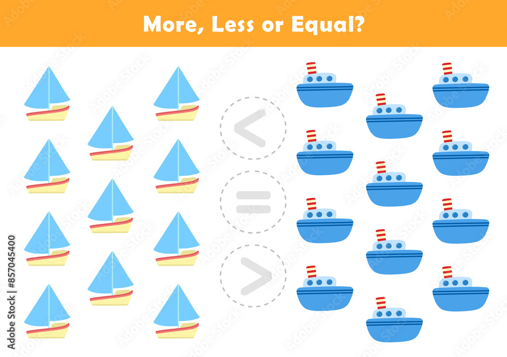 Comparison Worksheet with Cute Cartoon Ship for Kids. Counting Games for Preschoolers. More or Less Worksheet for Kindergarten. Comparison Worksheet with Cute Cartoon Ship for Kids. Counting Games for Preschoolers. More or Less Worksheet for Kindergarten.