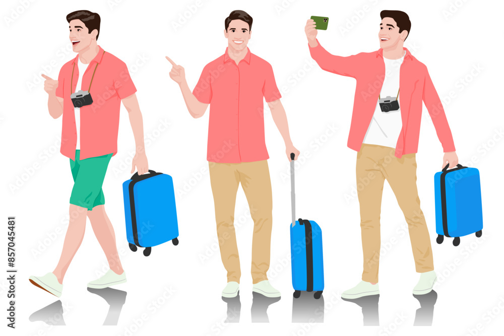Young man tourist with camera and smartphone. Male in casual clothes with a suitcase, passport, and tickets. Young male traveler goes on a journey. Vector illustration set isolated on white Young man tourist with camera and smartphone. Male in casual clothes with a suitcase, passport, and tickets. Young male traveler goes on a journey. Vector illustration set isolated on white