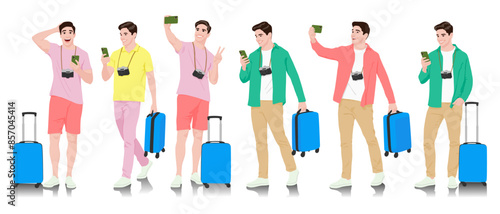 Young man tourist with camera and smartphone. Male in casual clothes with a suitcase, passport, and tickets. Young male traveler goes on a journey. Vector illustration set isolated on white