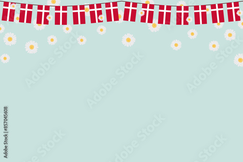 Flag of Denmark with national flowers white daisy emblem background banner vector illustration. 